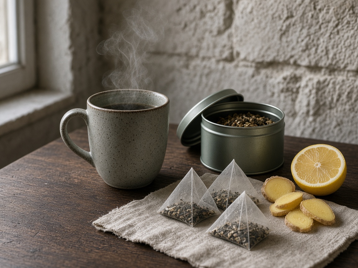Infusión de limón y jengibre junto a una taza humeante